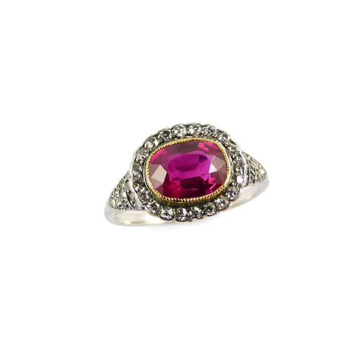 Antique cushion cut ruby and diamond cluster ring set with a 2.04ct Burma ruby